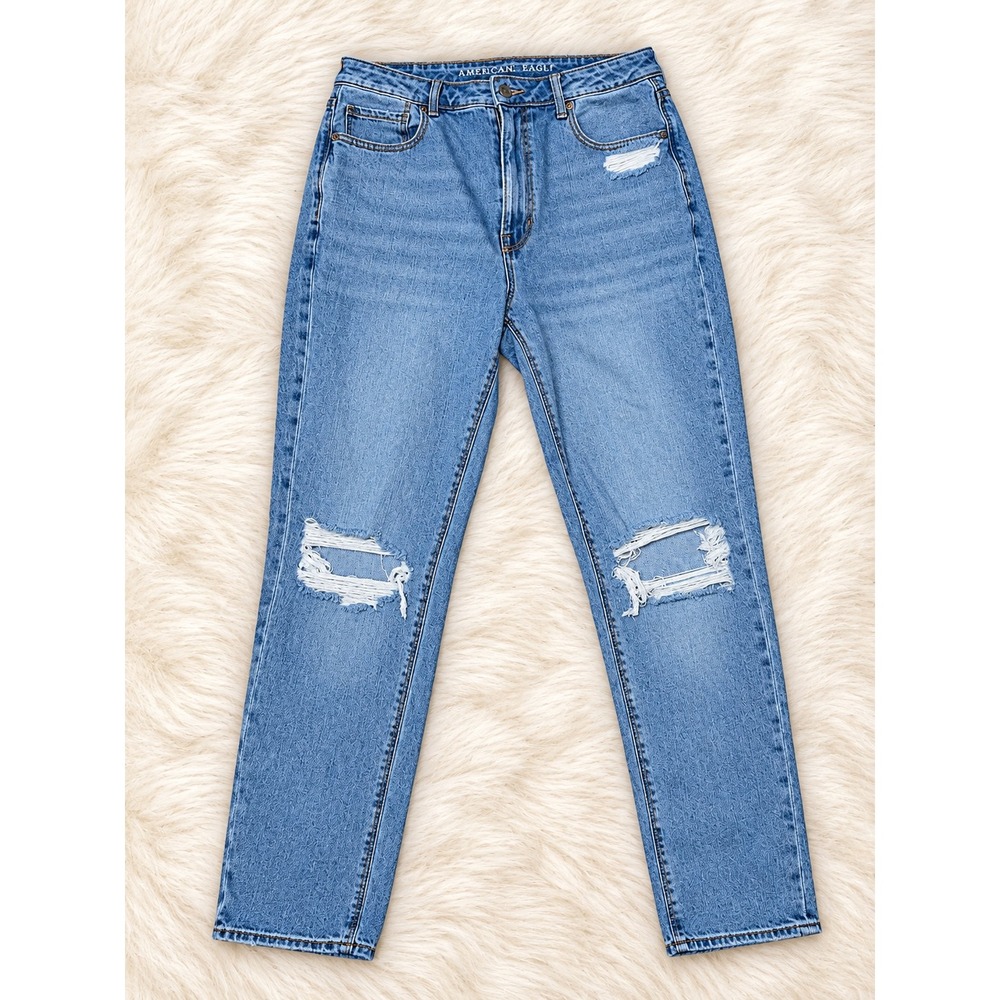 American Eagle Real Good Mom Jeans 12 Long Distressed Medium Wash High Rise Y2K